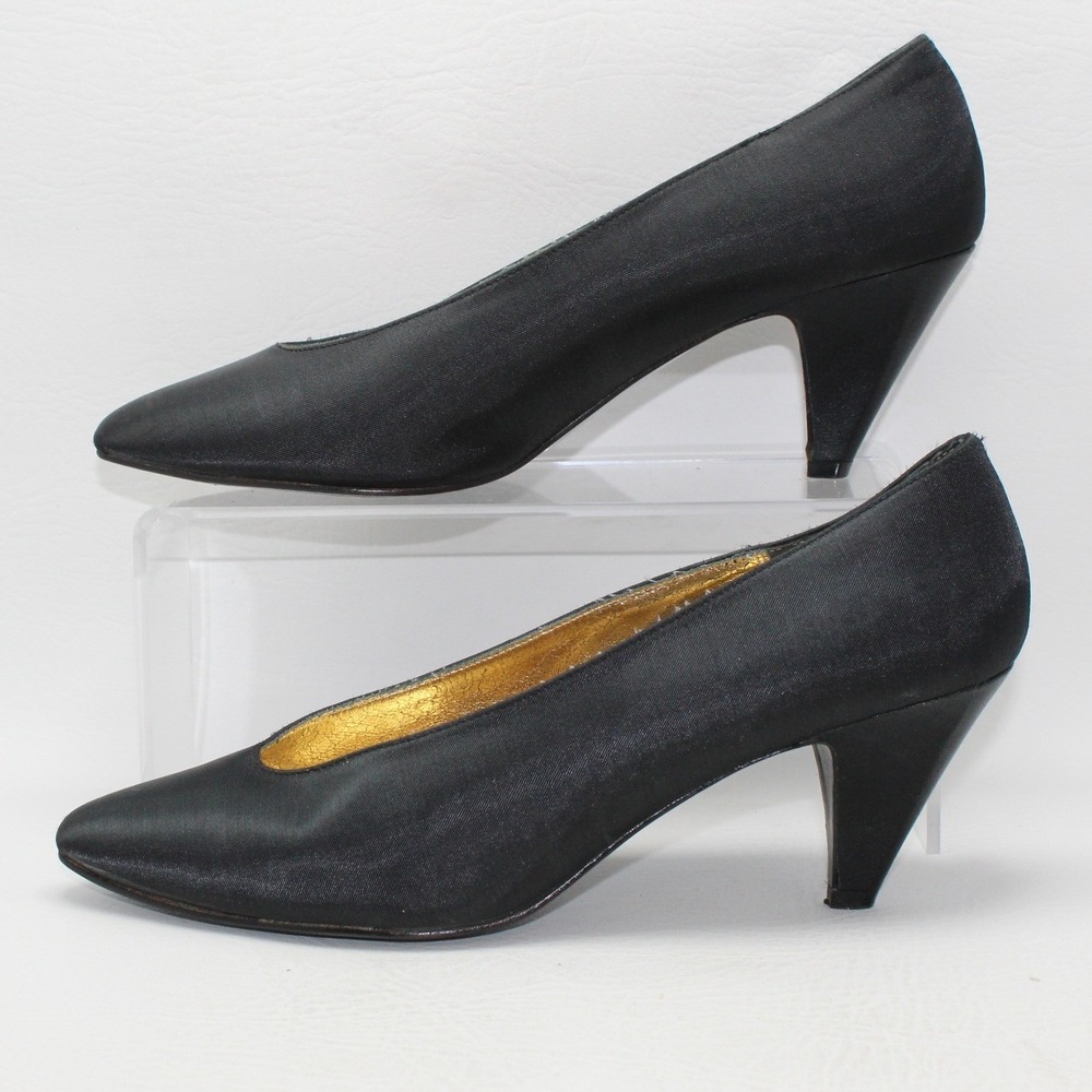 Nina Womens Black Satin Pointed Toe Mid Heel Pumps Size 8M Vintage Evening Shoes